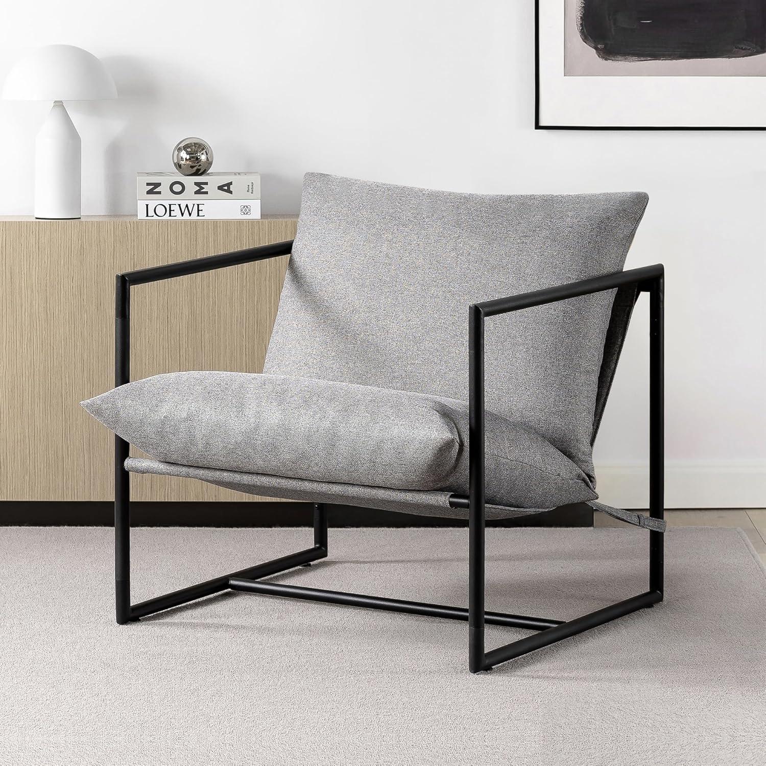 imageZINUS Aidan Sling Accent Chair Metal Framed Armchair with Shredded Foam Cushioning OatmealLight Grey