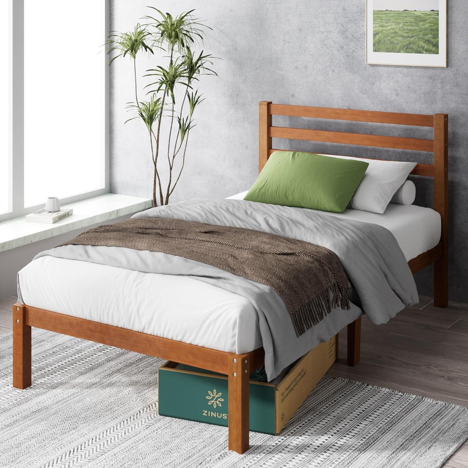 imageZINUS Leah Bamboo Platform Bed Frame with Headboard No Box Spring Needed Wood Slat Support Easy Assembly QueenTwin